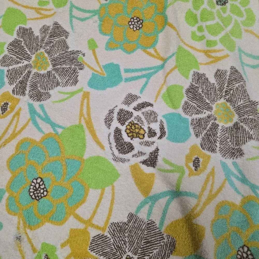 Vintage Floral Terry Cloth Beach Towel Fringe Edge Green Yellow Brown 46x37